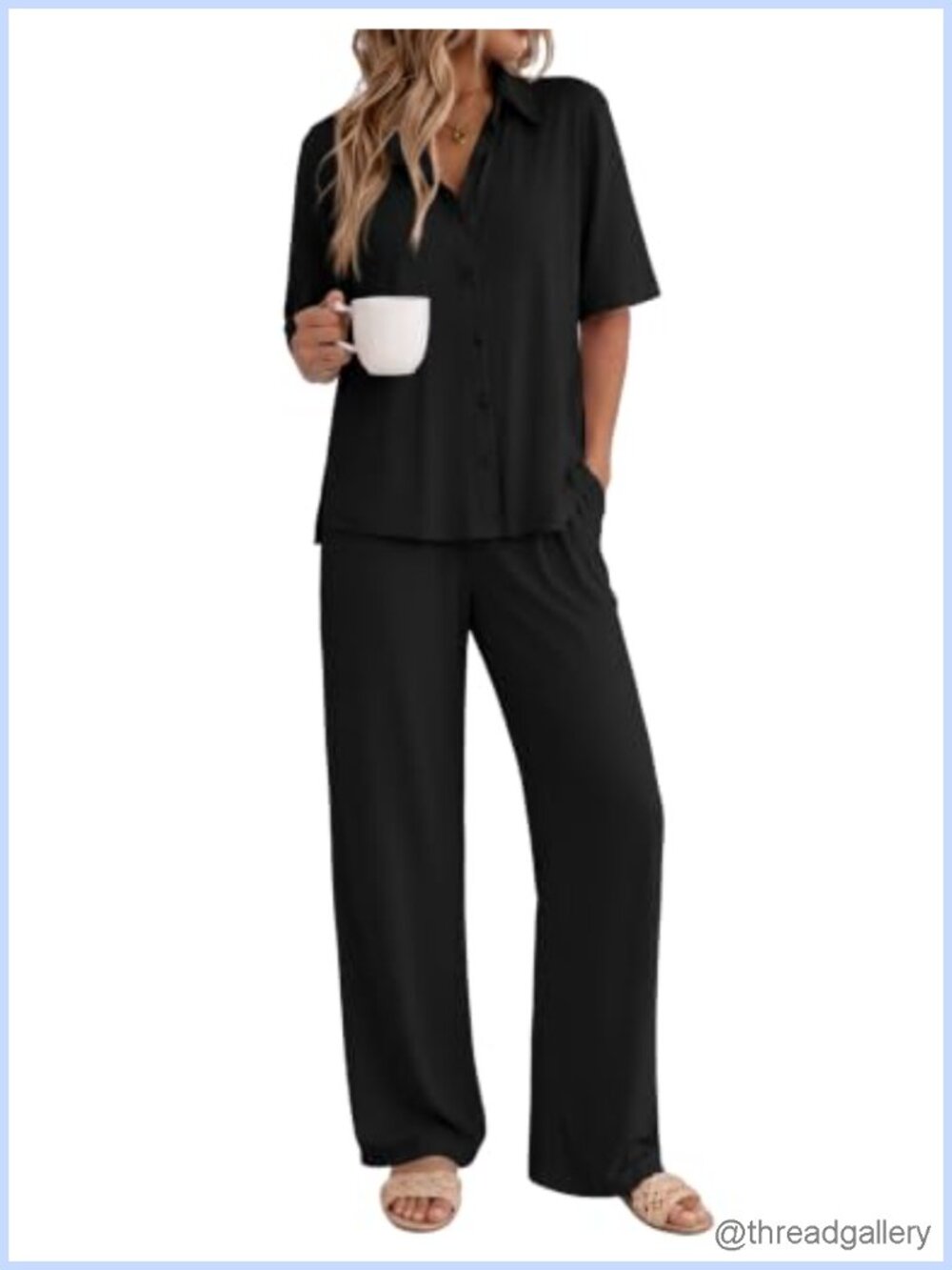 Women's 2-Piece Pajama Set Button Up Short Sleeve Top Long Pants Sleepwear